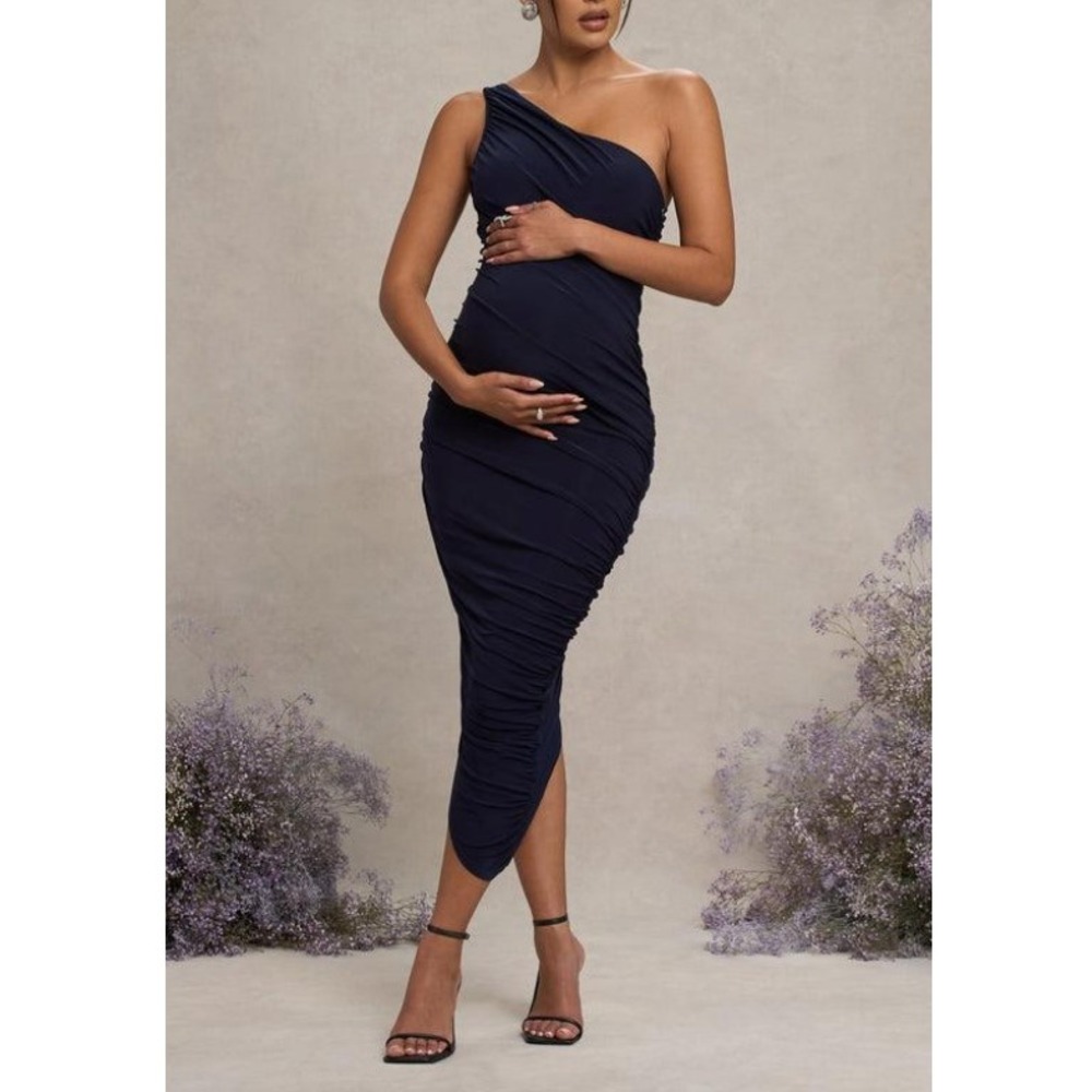 Club London Late Night Navy Maternity Ruched One Shoulder Midi Dress NWT Size 12